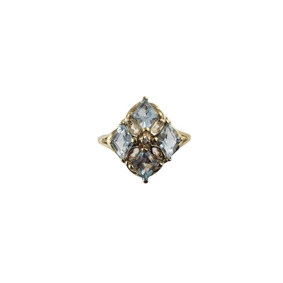 Vintage 10K Yellow Gold Blue Topaz & Diamond Ring Size 10...